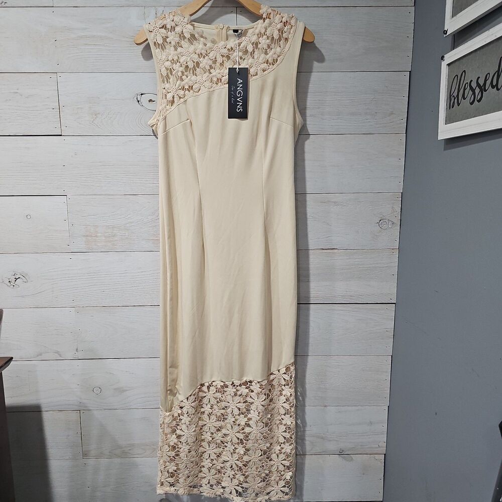 ANGVNS Women Dress Cream Beige Midi Sheath Crochet Lace Trim Sleeveless Medium